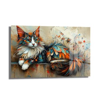 Büyüleyici Renklerle Sanatsal Kedi Cam Tablo, canlı turuncu, turkuaz ve beyaz tonlarında, modern ve sanatsal bir kedi figürü içeren, 4mm temperli camdan yapılmış dekoratif bir duvar sanatıdır.