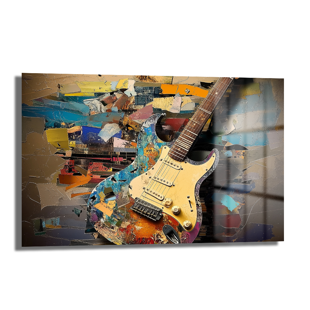 Müzikal Ruh: Soyut Sanat Tarzı Elektro Gitar Cam Tablo Duvar Dekoru Müzikal Ruh: Soyut Sanat Tarzı Elektro Gitar Cam Tablo, canlı renkli soyut bir arka plan üzerinde vintage elektro gitar görseliyle modern bir duvar sanatı örneği.