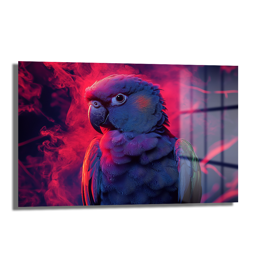 Neon Papağan: Kırmızı Dumanın Dansı ile Modern Cam Tablo Duvar Dekoru Kırmızı neon dumanlar içinde mor-mavi bir papağanı tasvir eden, modern ve parlak yüzeyli Neon Papağan: Kırmızı Dumanın Dansı ile Modern Cam Tablo.