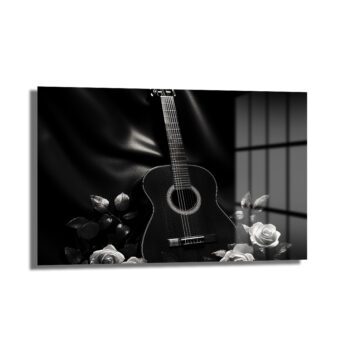Siyah Beyaz Akorlar: Klasik Gitar ve Güller Cam Tablo - Glazella