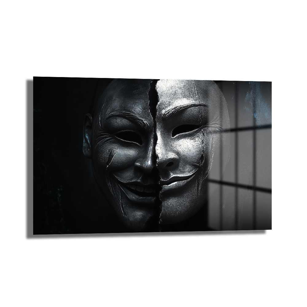 İkilemin Yüzü: Modern Sanat Temalı Kırık Maske Cam Tablo - Glazella İkilemin Yüzü: Modern Sanat Temalı Kırık Maske Cam Tablo - Glazella
