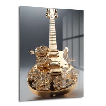 Altın Melodi: Lüks Çiçekli Gitar Sanat Cam Tablo - Glazella
