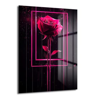 Dramatik Pembe Gül: Neon Çerçeveli Modern Sanat Cam Tablo - Glazella