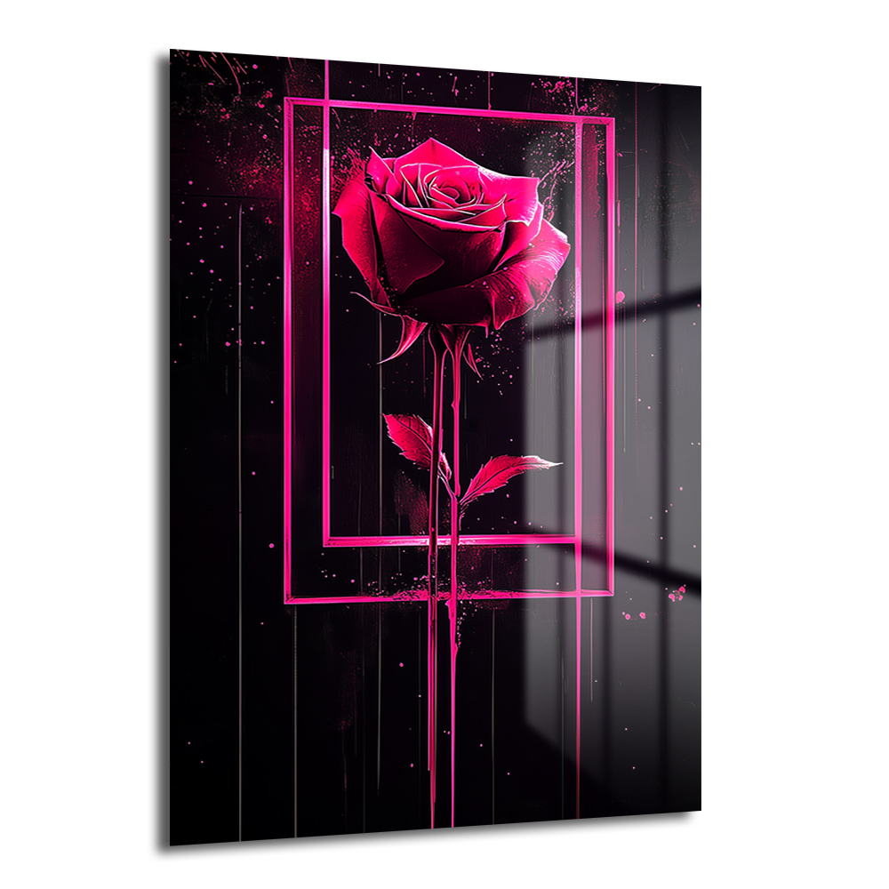 Dramatik Pembe Gül: Neon Çerçeveli Modern Sanat Cam Tablo Duvar Dekoru Dramatik Pembe Gül: Neon Çerçeveli Modern Sanat Cam Tablo, siyah zemin üzerinde neon pembe renkte, damlayan efektlerle stilize edilmiş bir gülü gösteriyor.