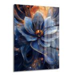 Derin Mavi Lotus: Altın Işıltılı Soyut Temperli Cam Tablo Duvar Dekoru Derin Mavi Lotus: Altın Işıltılı Soyut Temperli Cam Tablo, mistik lotus çiçeği formunda derin mavi, altın ve bronz ışıltılarla modern bir duvar sanatı eseri.