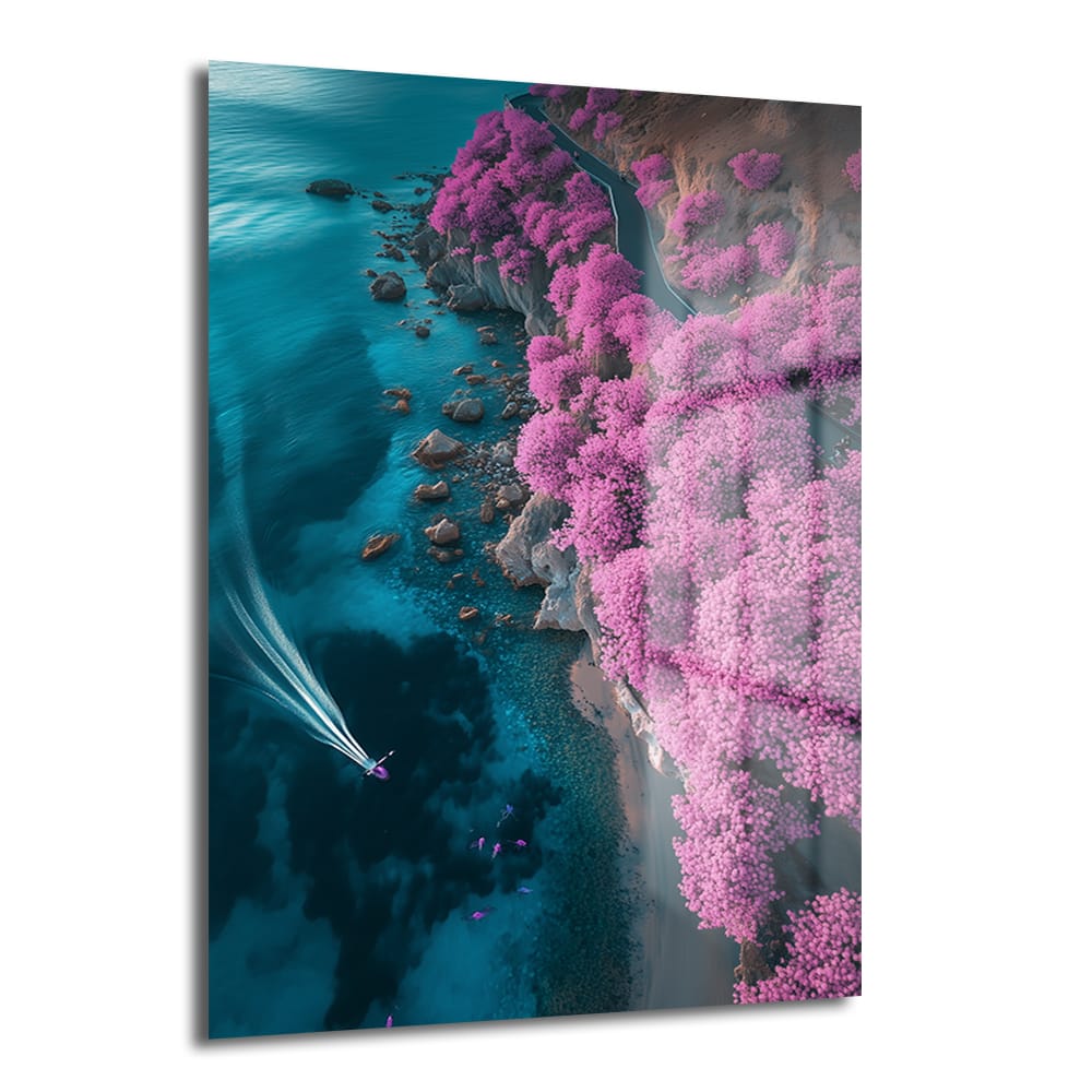 Pembe Cennet Kıyıları: Modern Manzara Cam Tablo Duvar Dekoru Pembe Cennet Kıyıları: Modern Manzara Cam Tablo, pembe ağaçların ve masmavi denizin büyüleyici kontrastını sergileyen, turkuaz suların kumsalı öptüğü, uzakta bir teknenin göründüğü modern bir sahil manzarasını betimler.