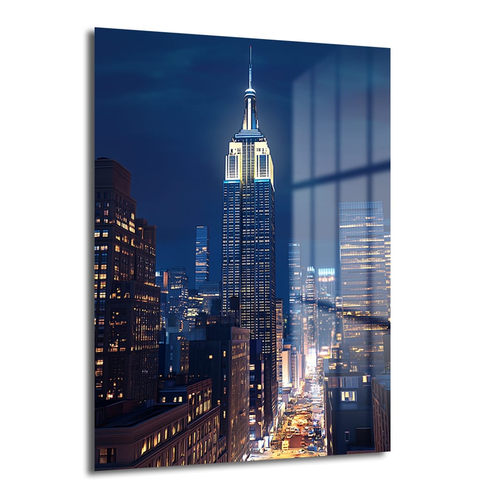 Empire State Gecesi: New York Şehir Manzaralı Cam Tablo Duvar Dekoru Empire State Gecesi: New York Şehir Manzaralı Cam Tablo, New York şehrinin gece silüetini ve parlayan Empire State Binası'nı gösteren, temperli cam üzerine UV baskılı modern bir duvar dekorasyonu.