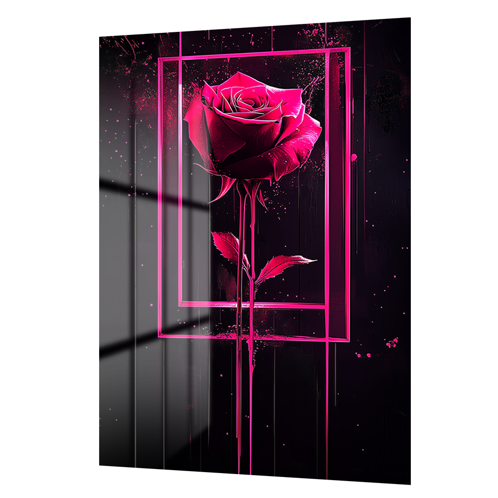 Dramatik Pembe Gül: Neon Çerçeveli Modern Sanat Cam Tablo Duvar Dekoru Dramatik Pembe Gül: Neon Çerçeveli Modern Sanat Cam Tablo - Görsel 4