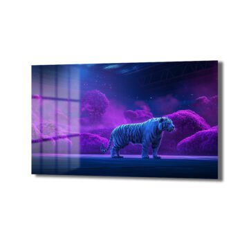 Neon Rüyası: Mor Ormanda Beyaz Kaplan Temperli Cam Tablo - Glazella