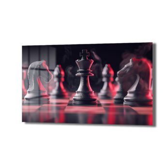 Stratejinin Dansı: Kırmızı Işıklı Satranç Figürleri Modern Cam Tablo - Glazella Stratejinin Dansı: Kırmızı Işıklı Satranç Figürleri Modern Cam Tablo - Glazella