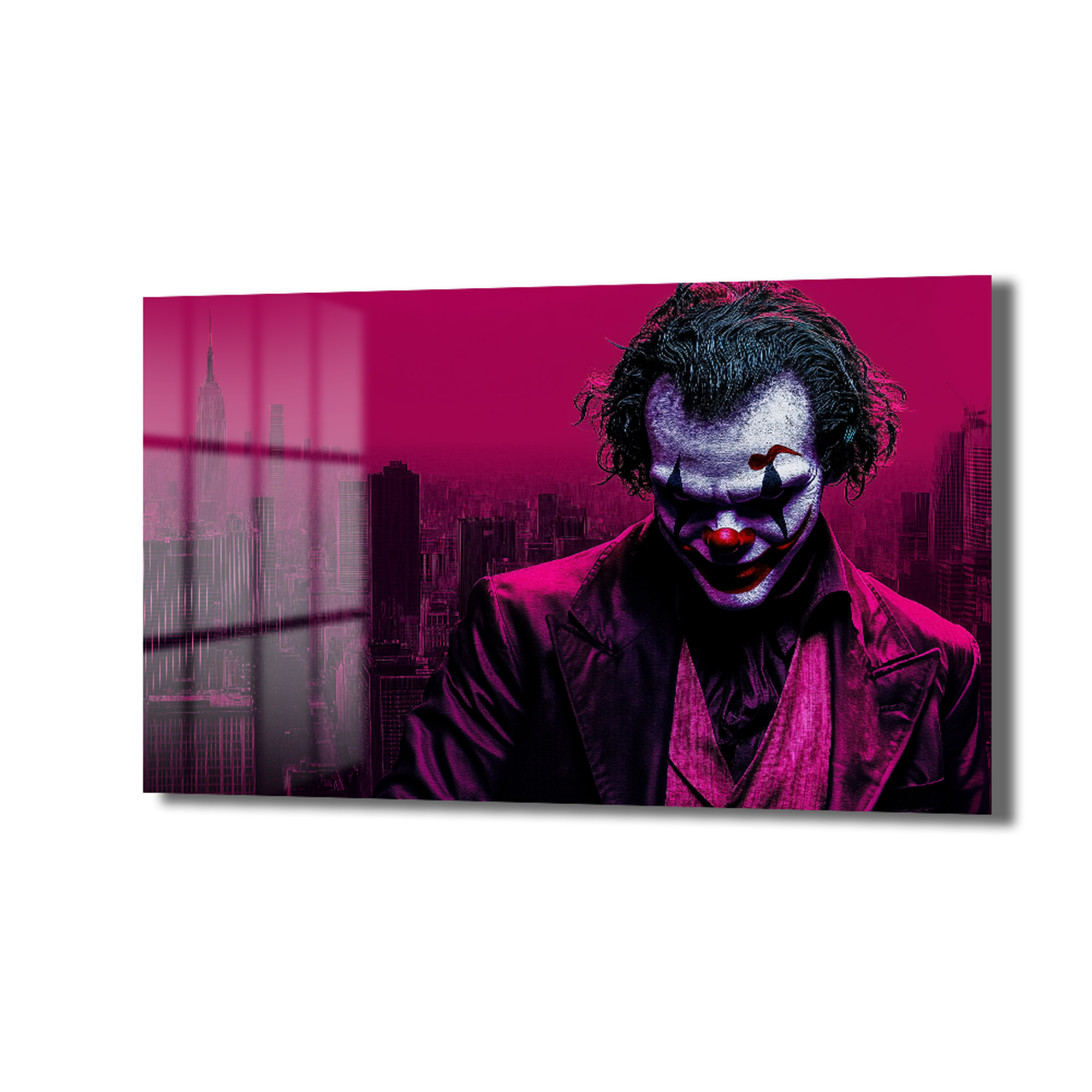 Joker'in Şehri: Koyu Pembe Gotham Temalı Modern Cam Tablo - Glazella Joker'in Şehri: Koyu Pembe Gotham Temalı Modern Cam Tablo - Glazella