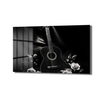 Siyah Beyaz Akorlar: Klasik Gitar ve Güller Cam Tablo - Glazella