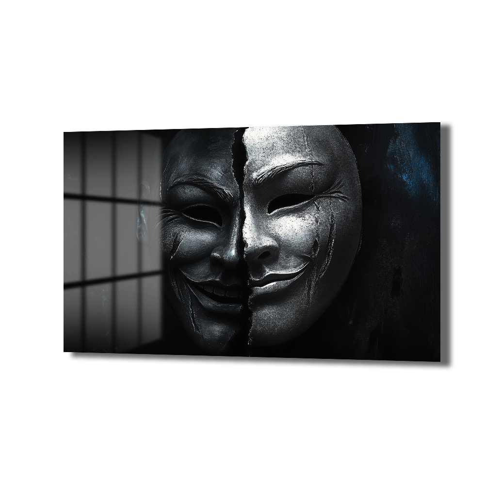 İkilemin Yüzü: Modern Sanat Temalı Kırık Maske Cam Tablo - Glazella İkilemin Yüzü: Modern Sanat Temalı Kırık Maske Cam Tablo - Glazella