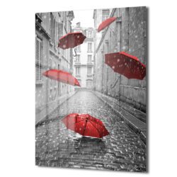 Yağmurlu Paris Sokağı ve Kırmızı Şemsiyeler Cam Tablo Duvar Dekoru Yağmurlu Paris Sokağı ve Kırmızı Şemsiyeler Cam Tablo Dekoratif Cam Tablo