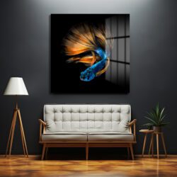 Büyüleyici Betta Balığı Mavi Turuncu Sanat Cam Tablo Duvar Dekoru Büyüleyici Betta Balığı Mavi Turuncu Sanat Cam Tablo Dekoratif Cam Tablo