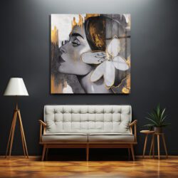 Altın Damlalı Modern Kadın Portresi Cam Tablo Duvar Dekoru Altın Damlalı Modern Kadın Portresi Cam Tablo Dekoratif Cam Tablo