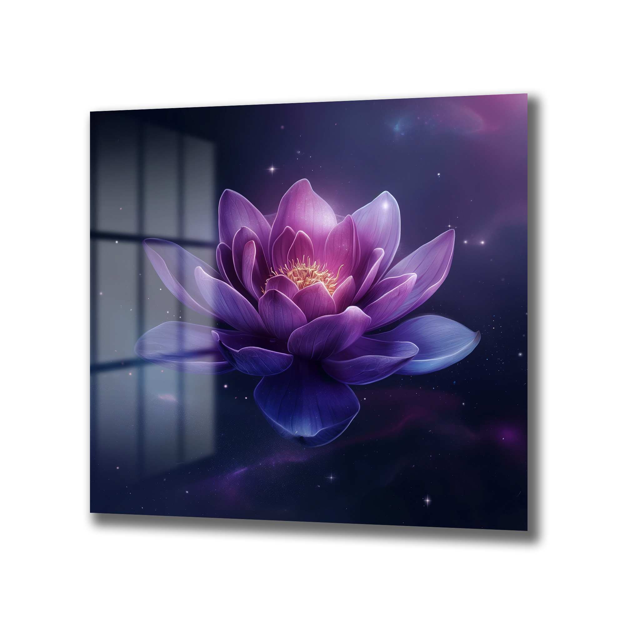 Kozmik Lotus Işıltısı Mor Çiçekli Dekoratif Cam Tablo Duvar Dekoru Kozmik Lotus Işıltısı Mor Çiçekli Dekoratif Cam Tablo - Görsel 4