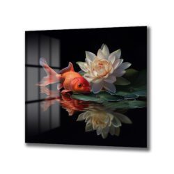 Huzur Veren Altın Balık ve Lotus Cam Tablo Duvar Dekoru Huzur Veren Altın Balık ve Lotus Cam Tablo Dekoratif Cam Tablo