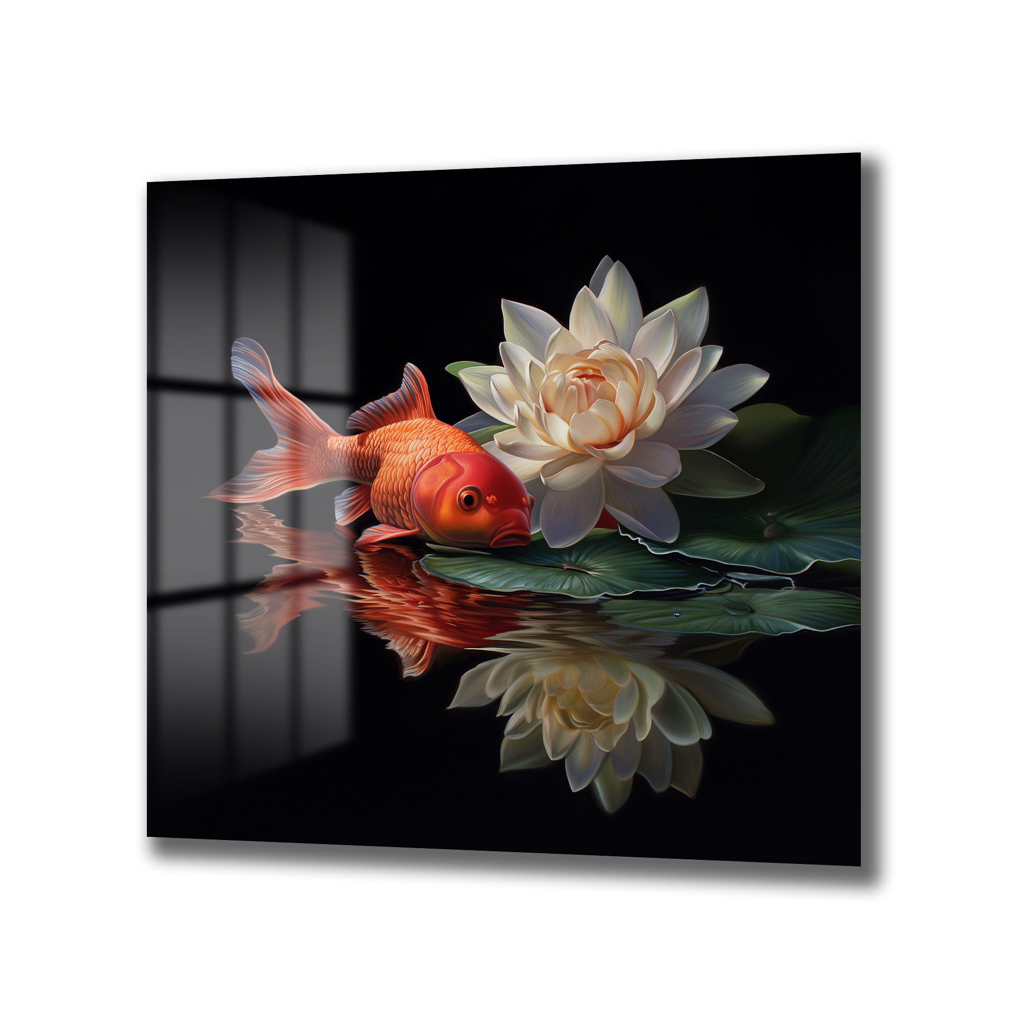 Huzur Veren Altın Balık ve Lotus Cam Tablo Duvar Dekoru Huzur Veren Altın Balık ve Lotus Cam Tablo - Görsel 4