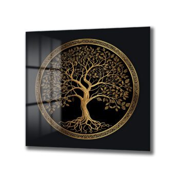 Görkemli Hayat Ağacı Altın Detaylı Siyah Cam Tablo - Glazella Görkemli Hayat Ağacı Altın Detaylı Siyah Cam Tablo - Glazella
