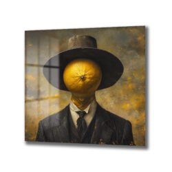 Portakal Kafalı Şapkalı Adam Cam Tablo - Sürreal Sanat Eseri Duvar Dekoru Portakal Kafalı Şapkalı Adam Cam Tablo - Sürreal Sanat Eseri Dekoratif Cam Tablo