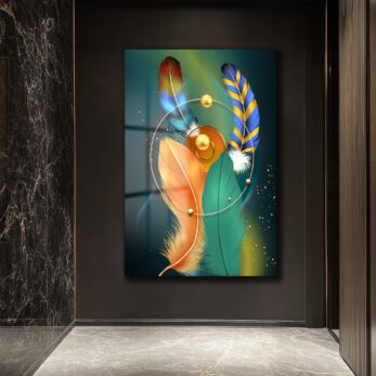 Canlı Tüyler ve Altın Dokunuşlar Modern Sanat Cam Tablo - Glazella