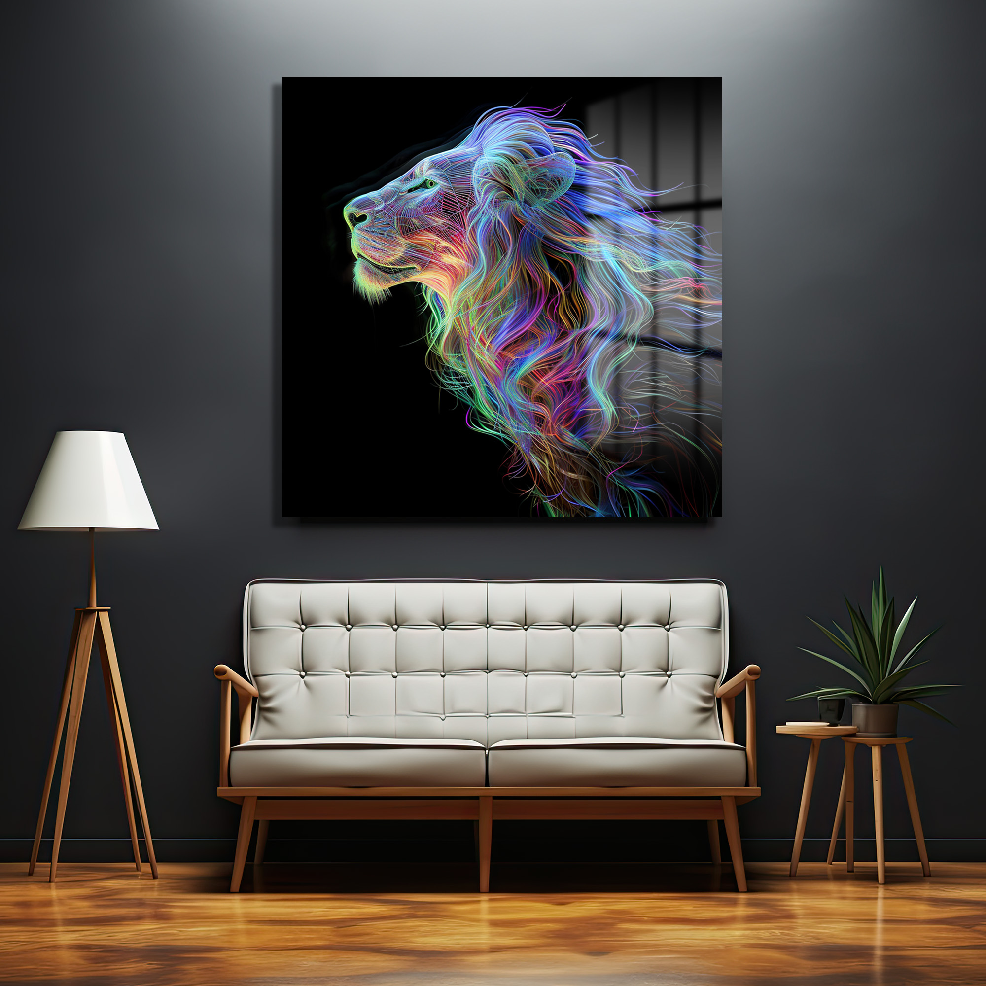 Majestik Neon Aslan Dijital Sanat Cam Tablo Duvar Dekoru Majestik Neon Aslan Dijital Sanat Cam Tablo - Görsel 2