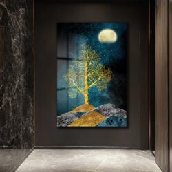 Mistik Ay Işığı ve Altın Ağaç Cam Tablo Duvar Dekoru Mistik Ay Işığı ve Altın Ağaç Cam Tablo Dekoratif Cam Tablo