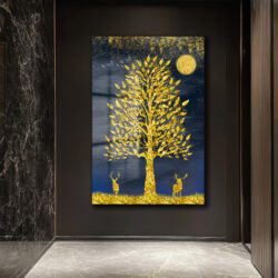 Büyüleyici Altın Ağaç ve Geyikler Cam Tablo Duvar Dekoru Büyüleyici Altın Ağaç ve Geyikler Cam Tablo Dekoratif Cam Tablo