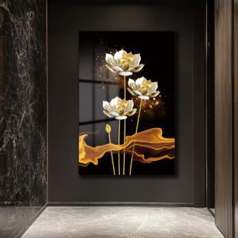 Lüks Altın Lotus Çiçekleri Cam Tablo | Modern Duvar Sanatı - Glazella Lüks Altın Lotus Çiçekleri Cam Tablo | Modern Duvar Sanatı - Glazella