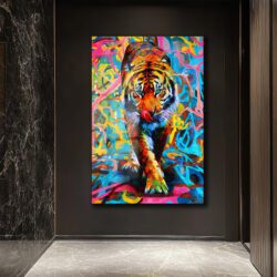 Neon Renklerde Kaplan Figürlü Modern Cam Tablo Duvar Dekoru Neon Renklerde Kaplan Figürlü Modern Cam Tablo Dekoratif Cam Tablo