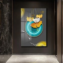 Ginkgo Yaprakları ve Teal Çemberli Modern Sanat Cam Tablo Duvar Dekoru Ginkgo Yaprakları ve Teal Çemberli Modern Sanat Cam Tablo Dekoratif Cam Tablo