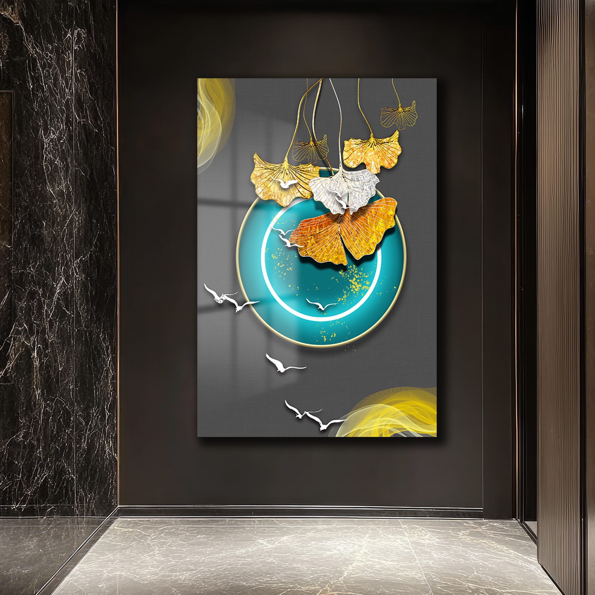 Ginkgo Yaprakları ve Teal Çemberli Modern Sanat Cam Tablo Duvar Dekoru Ginkgo Yaprakları ve Teal Çemberli Modern Sanat Cam Tablo - Görsel 3