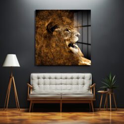 Altın Parçacıklı Kükreyen Aslan Cam Tablo Duvar Dekoru Altın Parçacıklı Kükreyen Aslan Cam Tablo Dekoratif Cam Tablo