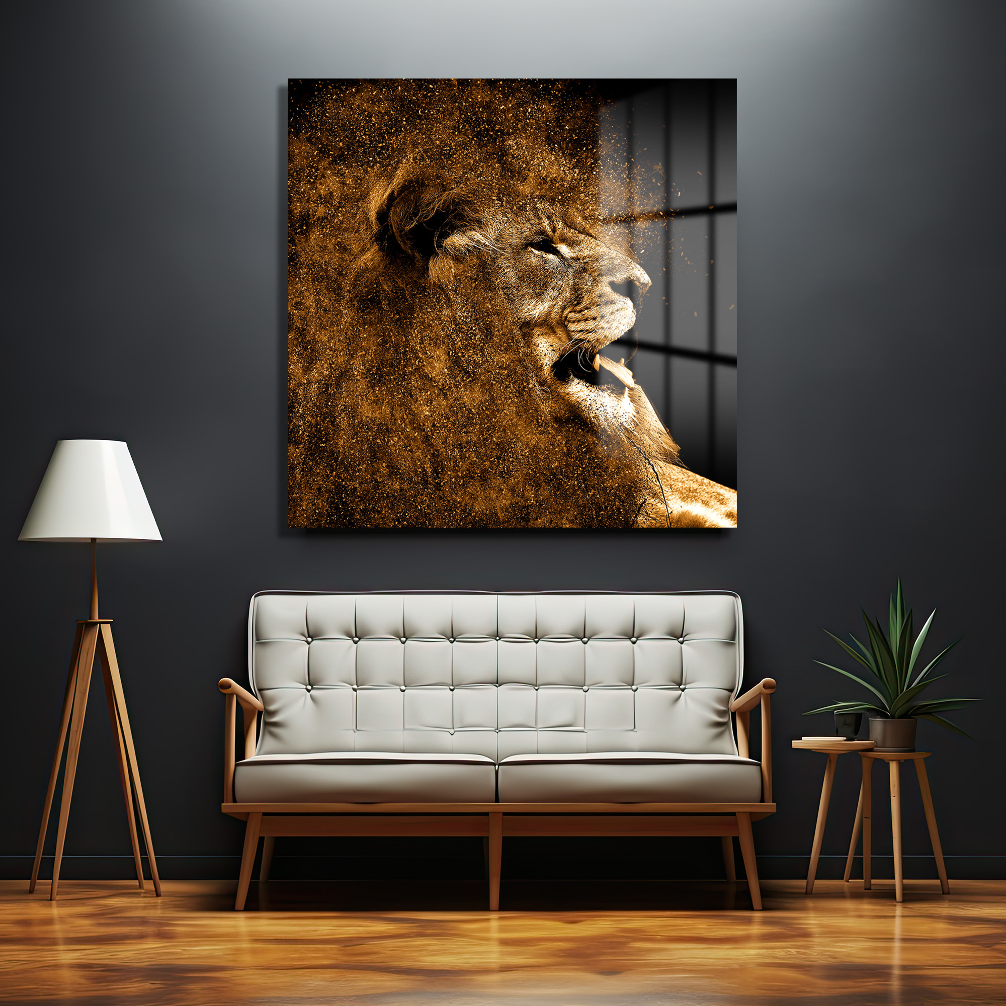 Altın Parçacıklı Kükreyen Aslan Cam Tablo Duvar Dekoru Altın Parçacıklı Kükreyen Aslan Cam Tablo - Görsel 3