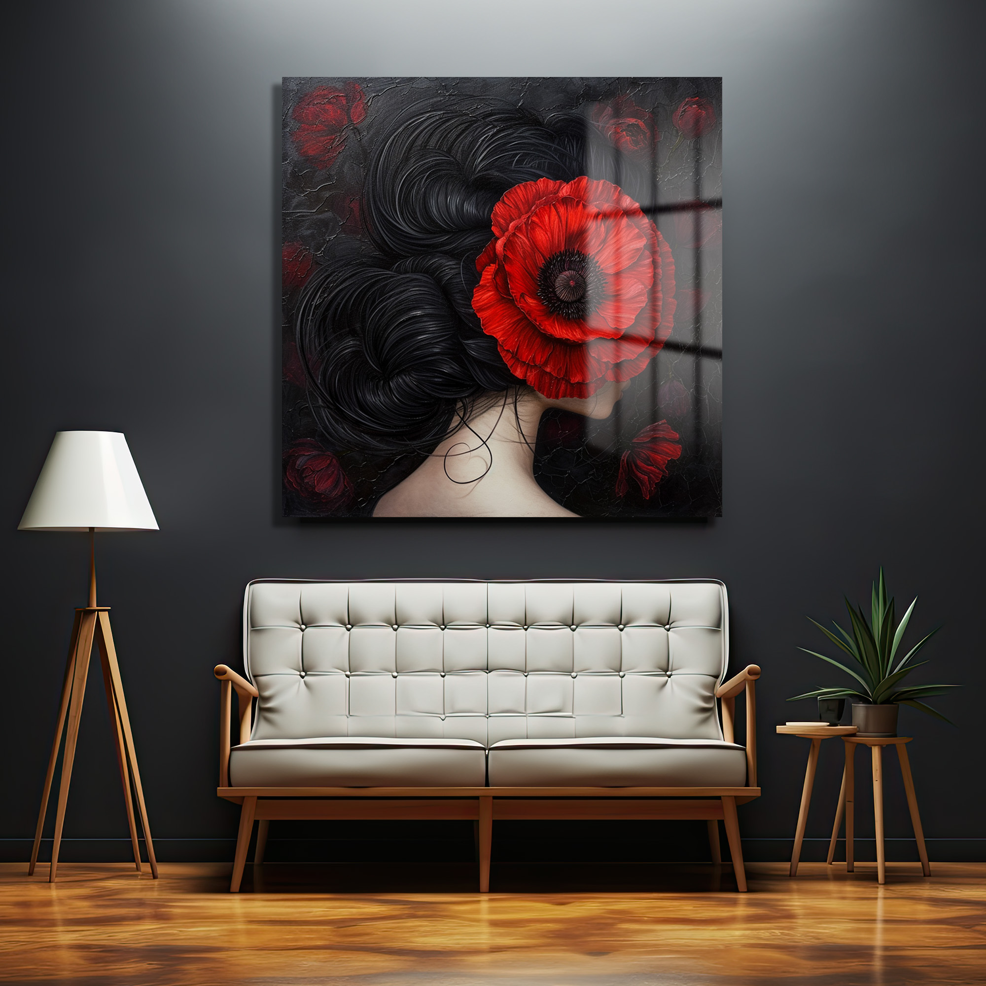 Gizemli Kırmızı Haşhaşlı Kadın Sanat Cam Tablo Duvar Dekoru Gizemli Kırmızı Haşhaşlı Kadın Sanat Cam Tablo - Görsel 2