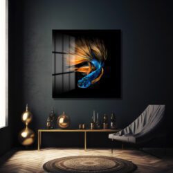 Büyüleyici Betta Balığı Mavi Turuncu Sanat Cam Tablo Duvar Dekoru Büyüleyici Betta Balığı Mavi Turuncu Sanat Cam Tablo Dekoratif Cam Tablo