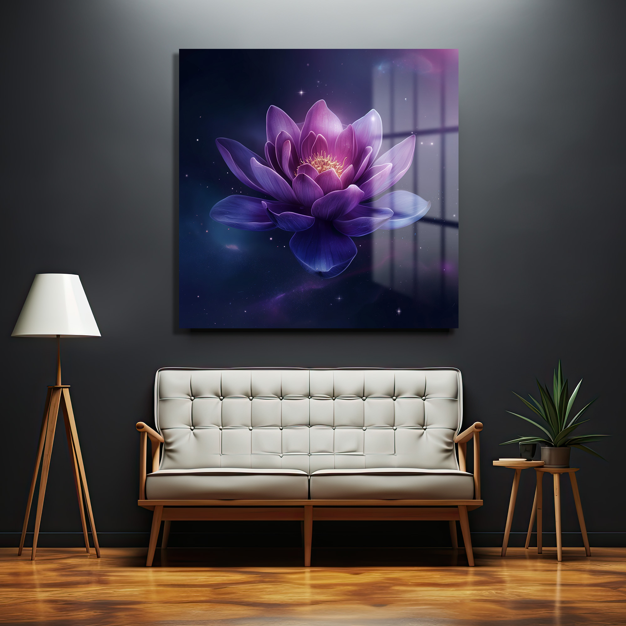 Kozmik Lotus Işıltısı Mor Çiçekli Dekoratif Cam Tablo Duvar Dekoru Kozmik Lotus Işıltısı Mor Çiçekli Dekoratif Cam Tablo - Görsel 2