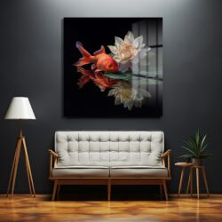 Huzur Veren Altın Balık ve Lotus Cam Tablo Duvar Dekoru Huzur Veren Altın Balık ve Lotus Cam Tablo Dekoratif Cam Tablo