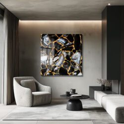 Lüks Siyah Agat ve Altın Damarlı Modern Cam Tablo Duvar Dekoru Lüks Siyah Agat ve Altın Damarlı Modern Cam Tablo Dekoratif Cam Tablo