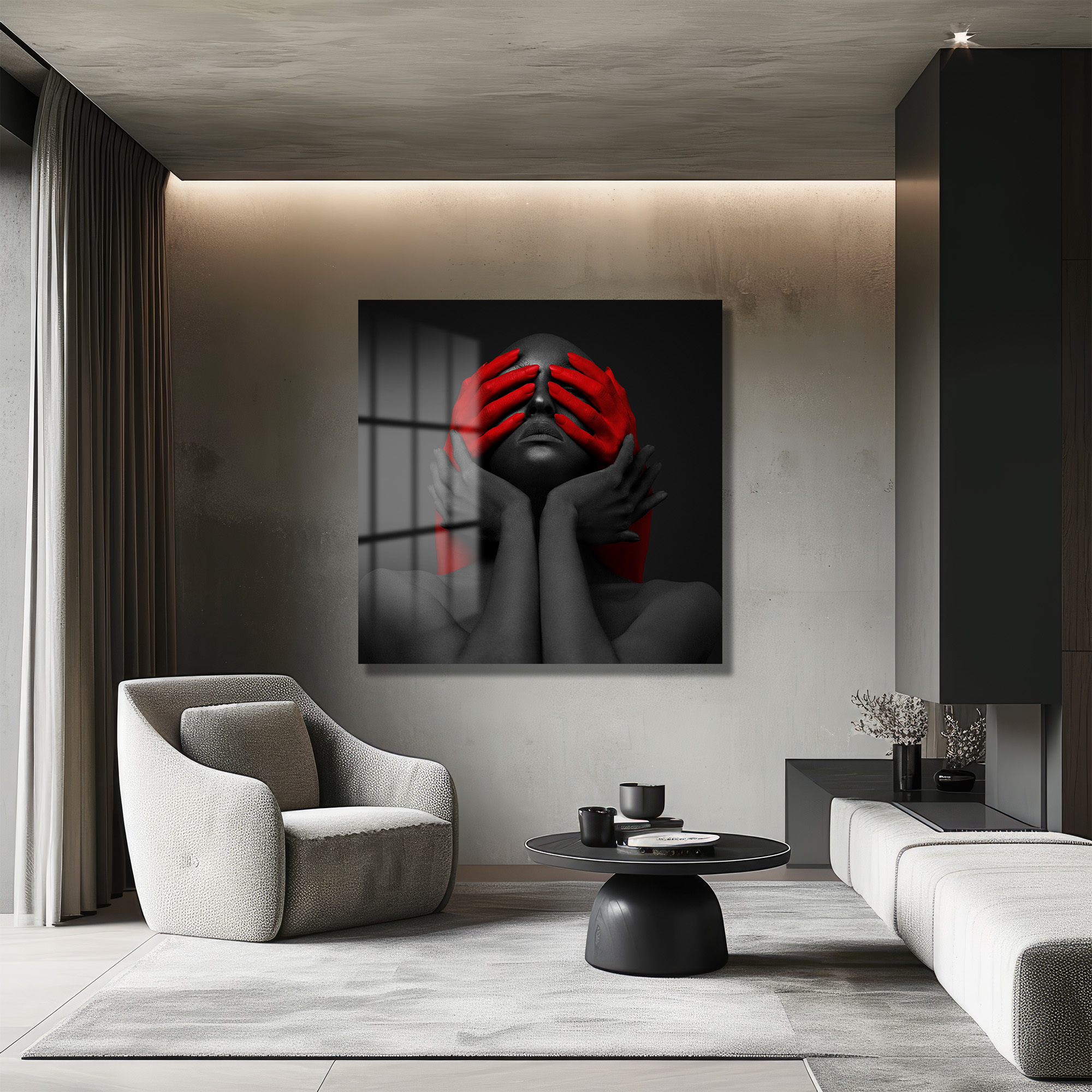 Kırmızı Ellerle Gizemli Bakış Cam Tablo - Modern Sanat Eseri Duvar Dekoru Kırmızı Ellerle Gizemli Bakış Cam Tablo - Modern Sanat Eseri - Görsel 4
