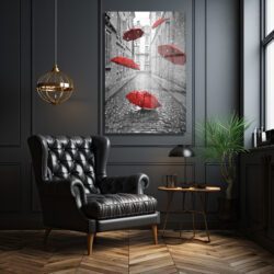 Yağmurlu Paris Sokağı ve Kırmızı Şemsiyeler Cam Tablo Duvar Dekoru Yağmurlu Paris Sokağı ve Kırmızı Şemsiyeler Cam Tablo Dekoratif Cam Tablo