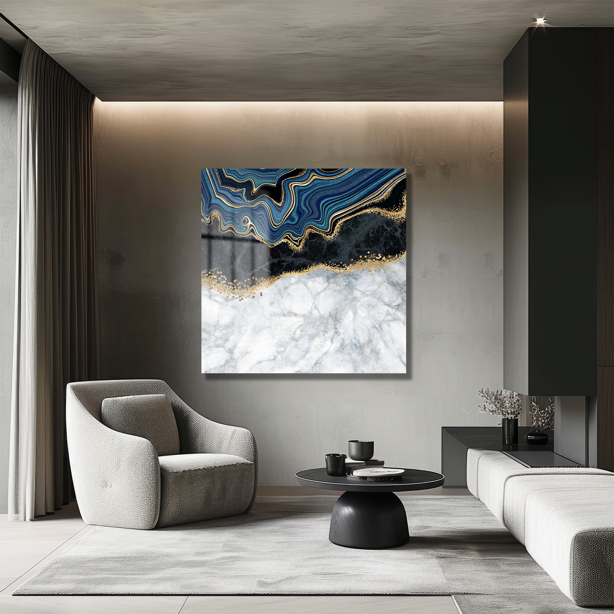 Lüks Geode Mavi ve Altın Desenli Modern Cam Tablo Duvar Dekoru Lüks Geode Mavi ve Altın Desenli Modern Cam Tablo - Görsel 4
