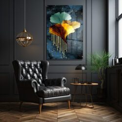 Altın Dokunuşlu Ginkgo Yaprakları Cam Tablo Dekoratif Cam Tablo