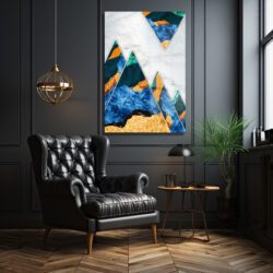 Soyut Geometrik Dağlar Temalı Mavi ve Altın Detaylı Cam Tablo Duvar Dekoru Soyut Geometrik Dağlar Temalı Mavi ve Altın Detaylı Cam Tablo Dekoratif Cam Tablo