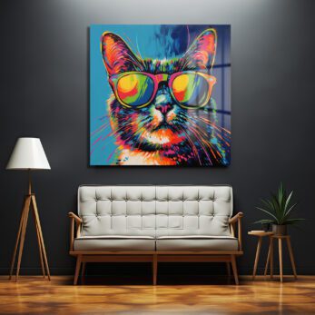 Urban Cool: Gözlüklü Kedi Pop Art Temperli Cam Tablo - Glazella