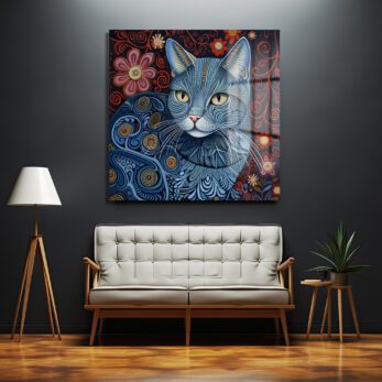 Mistik Mavi Kedi: Canlı Desenli Dekoratif Cam Tablo - Glazella
