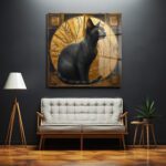 Art Deco'nun Asaleti: Altın ve Kara Kedi Temalı Temperli Cam Tablo Duvar Dekoru Art Deco'nun Asaleti: Altın ve Kara Kedi Temalı Temperli Cam Tablo Dekoratif Cam Tablo