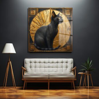 Art Deco'nun Asaleti: Altın ve Kara Kedi Temalı Temperli Cam Tablo - Glazella