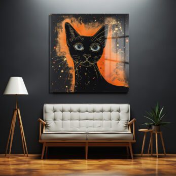 Büyüleyici Mavi Gözler: Modern Kara Kedi Temalı Temperli Cam Tablo - Glazella